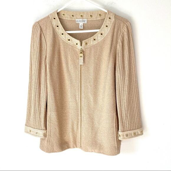 St. John Tan Knit Grommet Zipper Cardigan Small - Picture 1 of 7